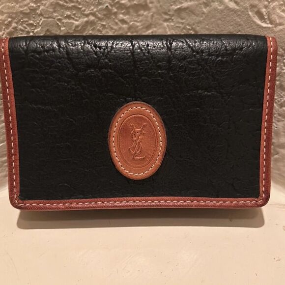 YSL Bifold Cardholder Two Tone Leather Wallet Black Tan Classic Contemporary - Picture 1 of 12